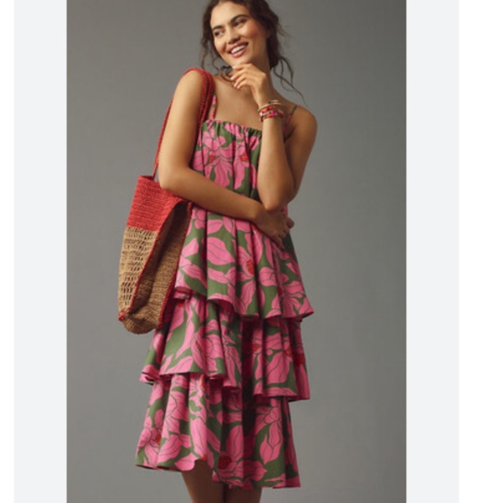 COREY LYNN CALTER TIE-SHOULDER TIERED MIDI DRESS